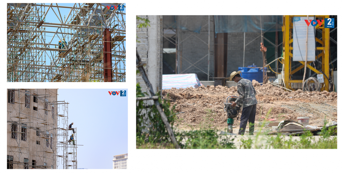 Công nhân đang hối hả thi công các hạng mục bên ngoài