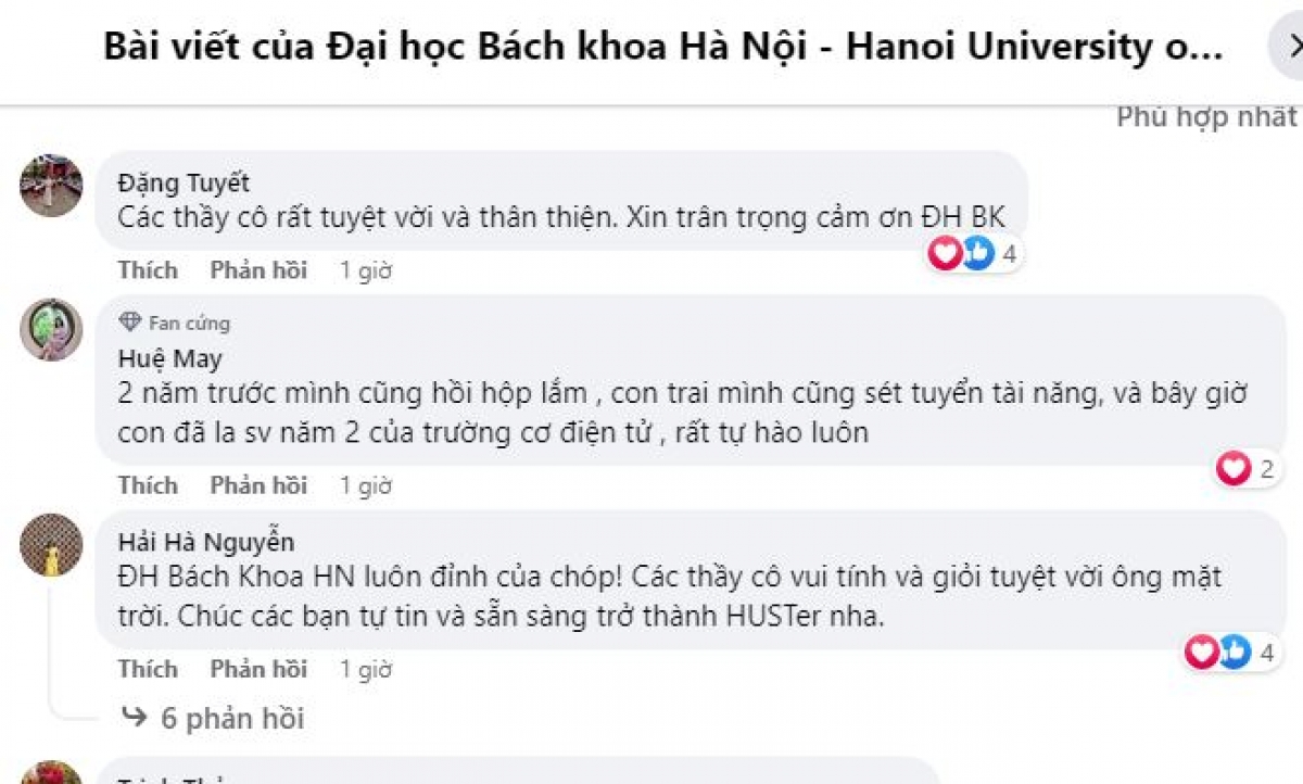Những đánh giá, cảm ơn từ học sinh, phụ huynh học sinh khi kết thúc phần phỏng vấn XTTN diện 1.3 trên page Đại học Bách khoa Hà Nội