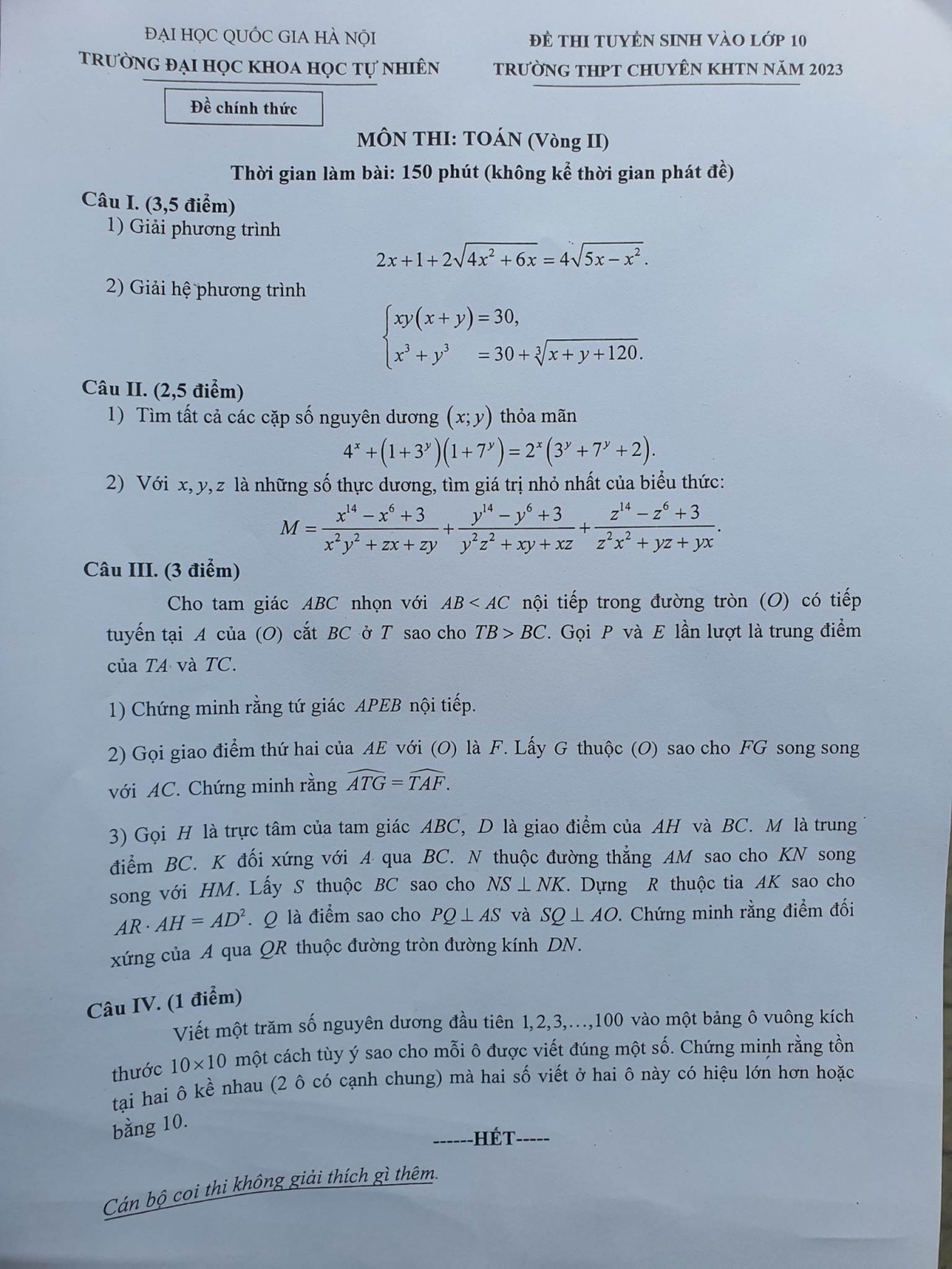 Đề thi môn Toán vòng 2 vào lớp 10 Trường THPT Chuyên Khoa học Tự nhiên - ĐHQGHN năm 2023 dành cho khối chuyên Toán và chuyên Tin học
