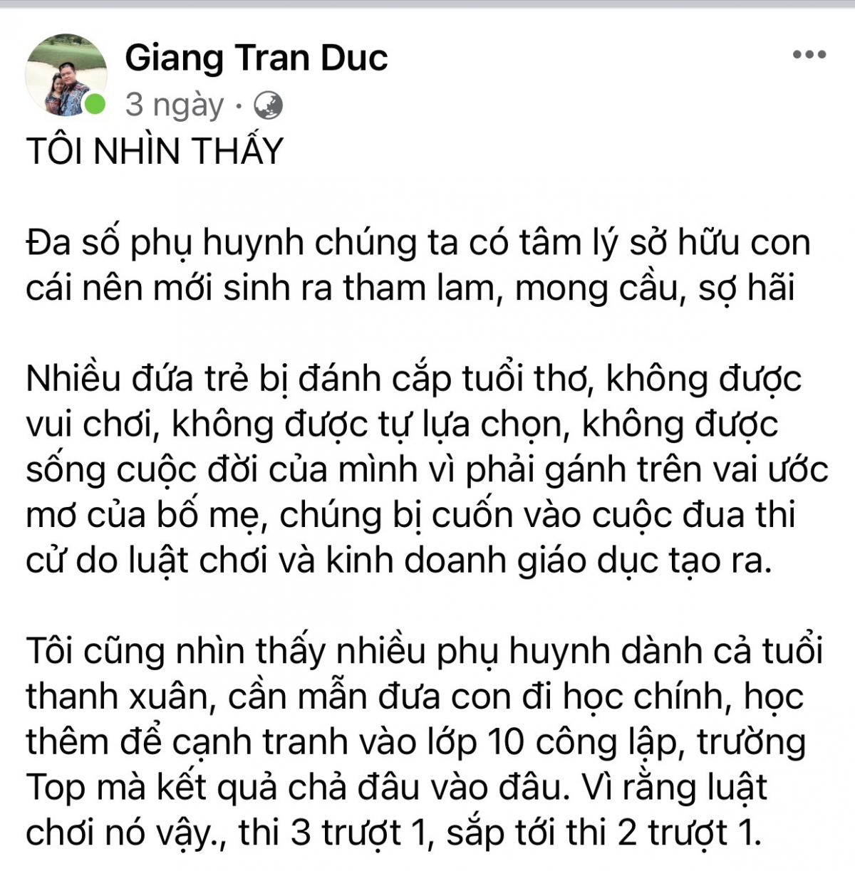Những bài đăng hằng ngày anh Giang phân tích các góc độ khác nhau của giáo dục đặt áp lực lên con trẻ, đặc biệt với kỳ thi vào lớp 10 của Hà Nội.