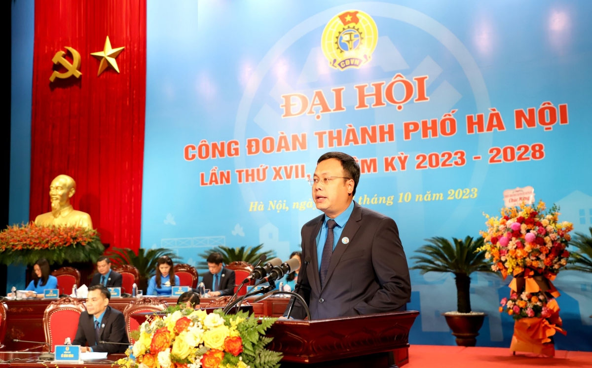 Đồng chí Phạm Quang Thanh - Ủy viên Ban Chấp hành Tổng LĐLĐ Việt Nam, Thành ủy viên, Chủ tịch LĐLĐ thành phố Hà Nội khoá XVI phát biểu khai mạc Đại hội