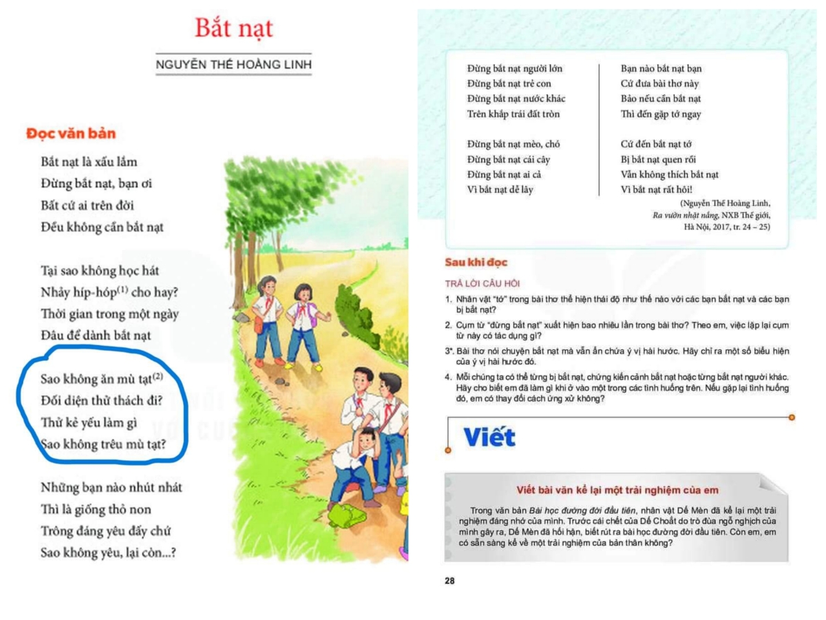 Bài thơ “Bắt nạt” của nhà thà Nguyễn Thế Hoàng Linh in trong sách giáo khoa (SGK) Ngữ văn lớp 6, bộ Kết nối tri thức với cuộc sống (NXB Giáo dục Việt Nam) đang gây nhiều ý kiến trái chiều trong dư luận.