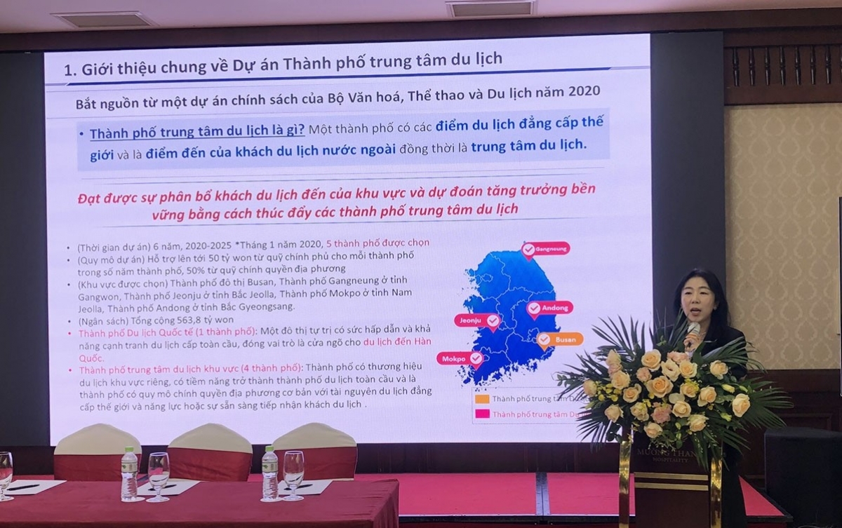 TS. Ju Young Park - Đại diện Viện Văn hóa và Du lịch Hàn Quốc giới thiệu về dự án Thành phố trung tâm du lịch. Ảnh: TITC
