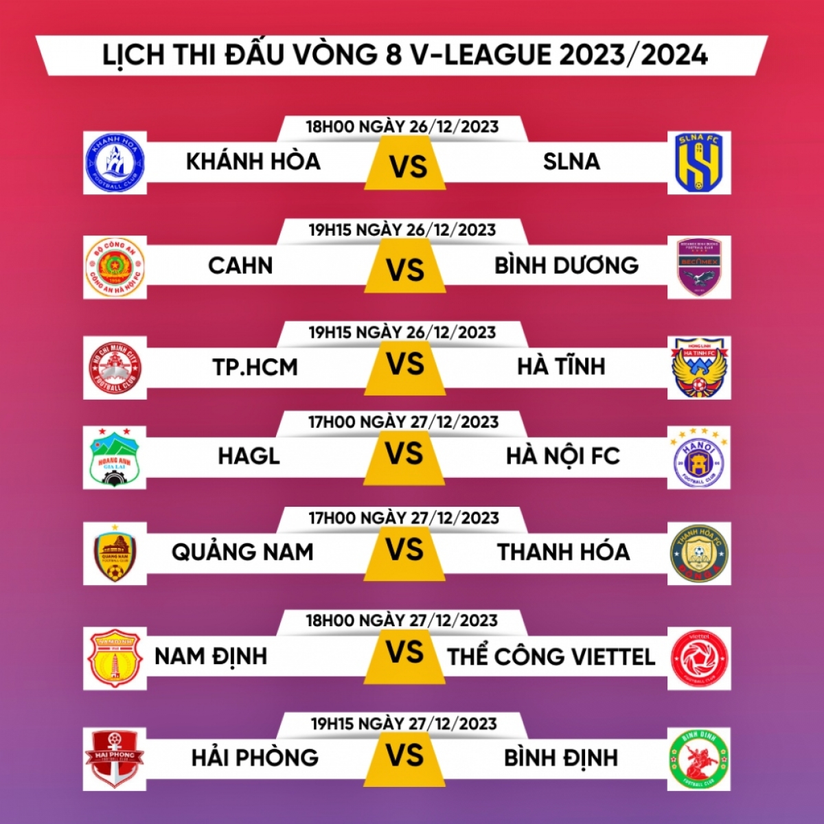 Lịch thi đấu vòng 8 V.League 2023-2024