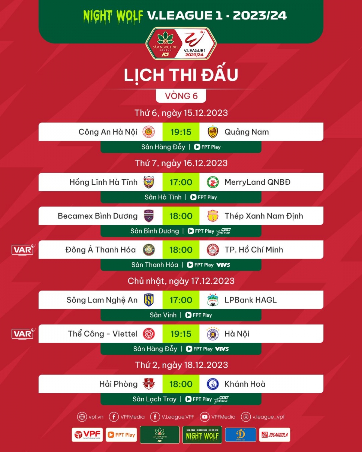Lịch thi đấu vòng 6 V.League 2023/24 (Ảnh:VFF)