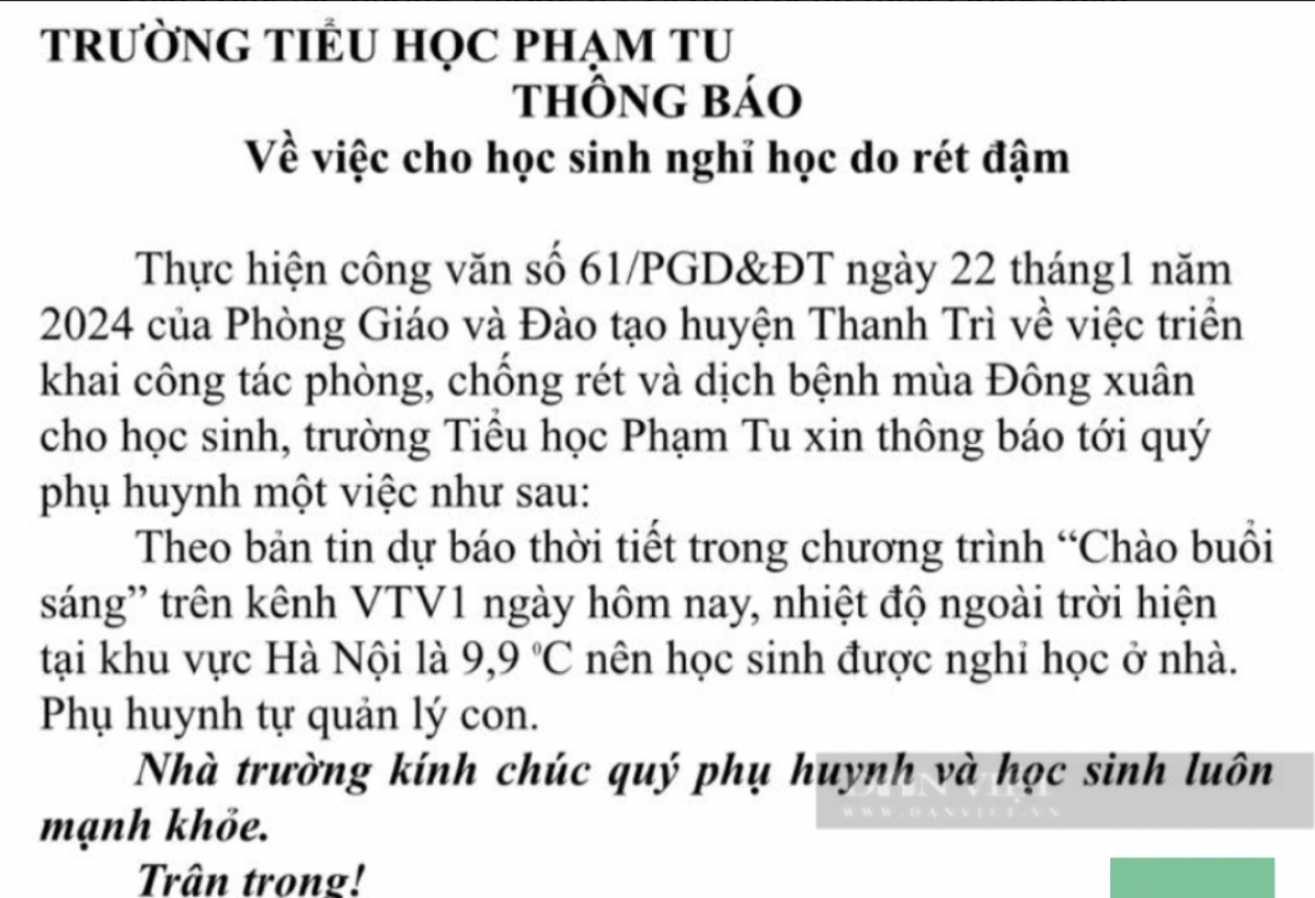 Thông báo nghỉ học do thời tiết lạnh của một trường tiểu học