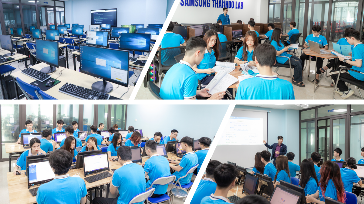 Hệ thống phòng máy cấu hình cao được đầu tư trang thiết bị cơ sở vật chất đảm bảo cho sinh viên môi trường thực hành tốt nhất