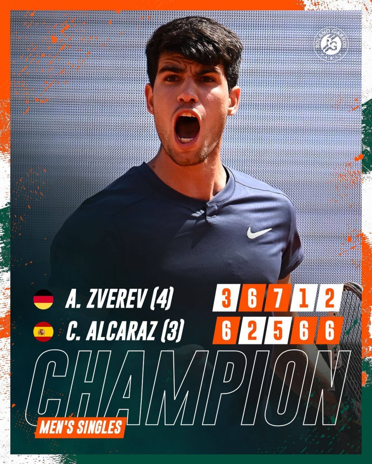 Alcaraz bứt phá mạnh mẽ ở 2 set cuối (Ảnh: Roland Garros)