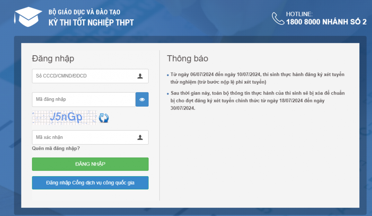 Từ 8h 6/7 đến 17 giờ ngày 10/7, thí sinh thực hành đăng ký xét tuyển đại học trên hệ thống hỗ trợ tuyển sinh chung của Bộ Giáo dục và Đào tạo