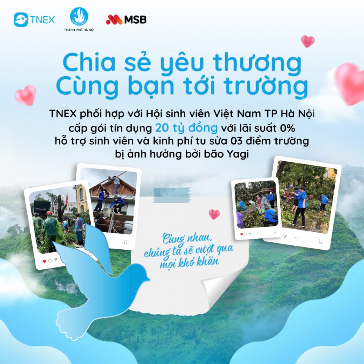 Chương trình “Chia sẻ yêu thương - Cùng bạn tới trường” sẽ cấp gói tín dụng 20 tỷ đồng với lãi suất 0% cho sinh viên có quê quán tại 17 tỉnh, thành phố phía Bắc bị ảnh hưởng bởi bão lũ.