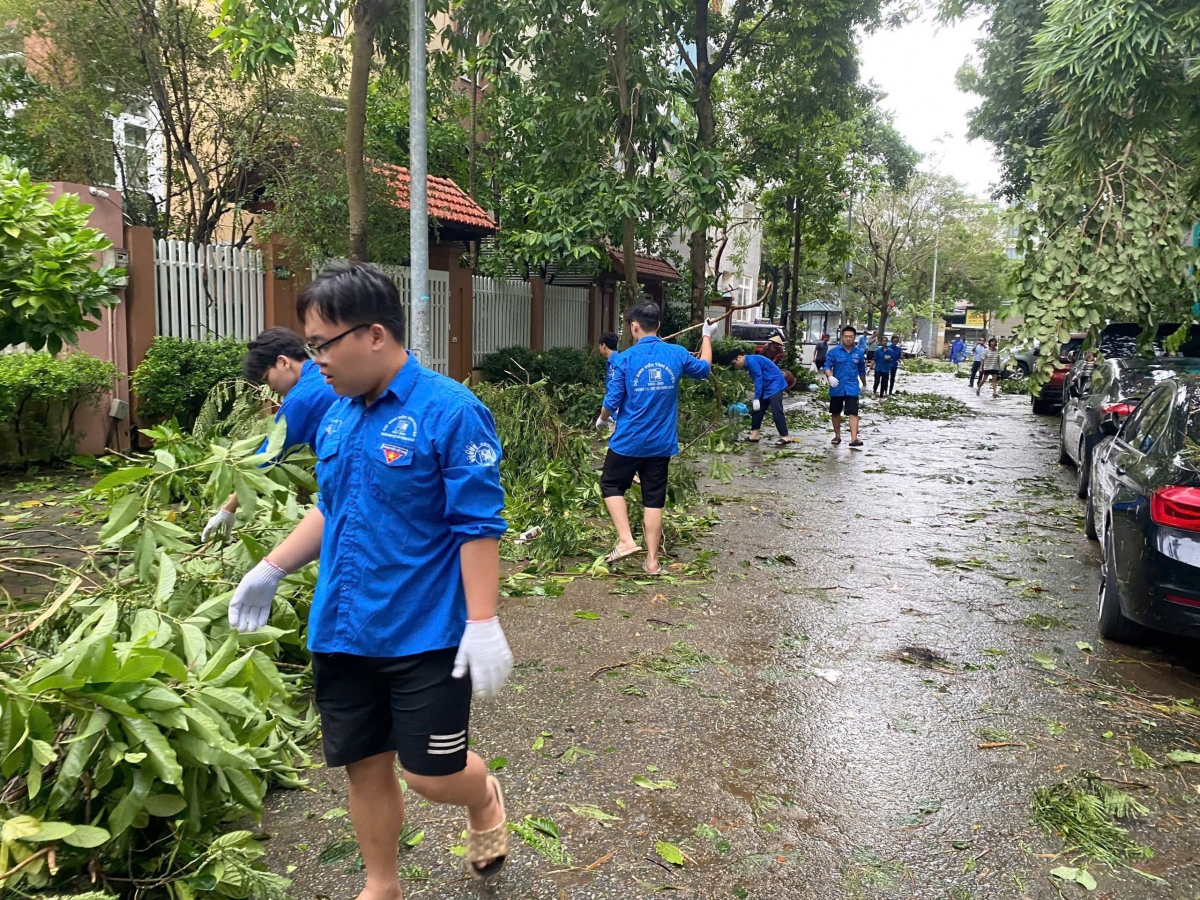 Thu dọn cây cối đổ ngổn ngang trên các tuyến phố