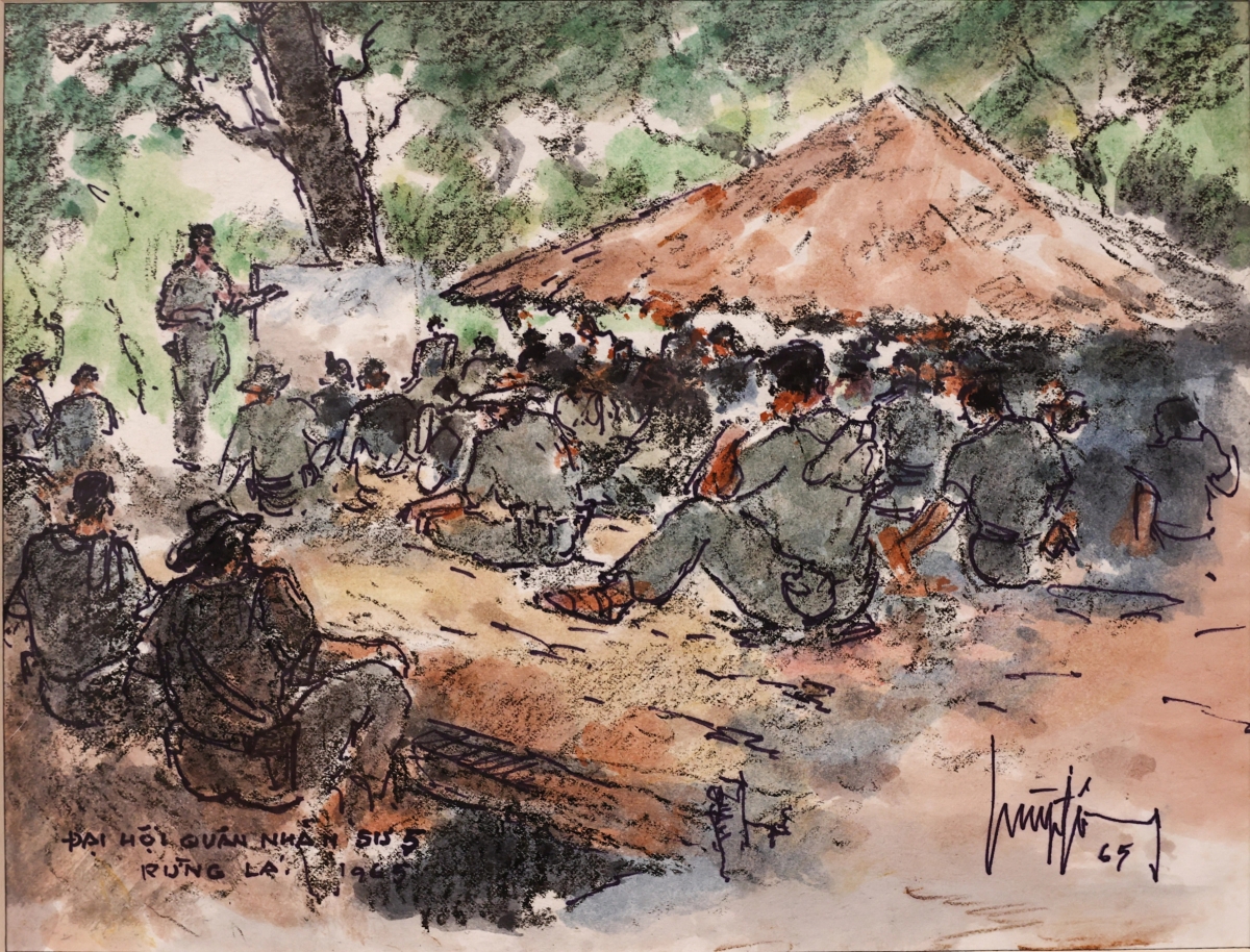 Tác phẩm "Đại hội quân nhân sư đoàn 5", sáng tác năm 1965. Ảnh: BTMT