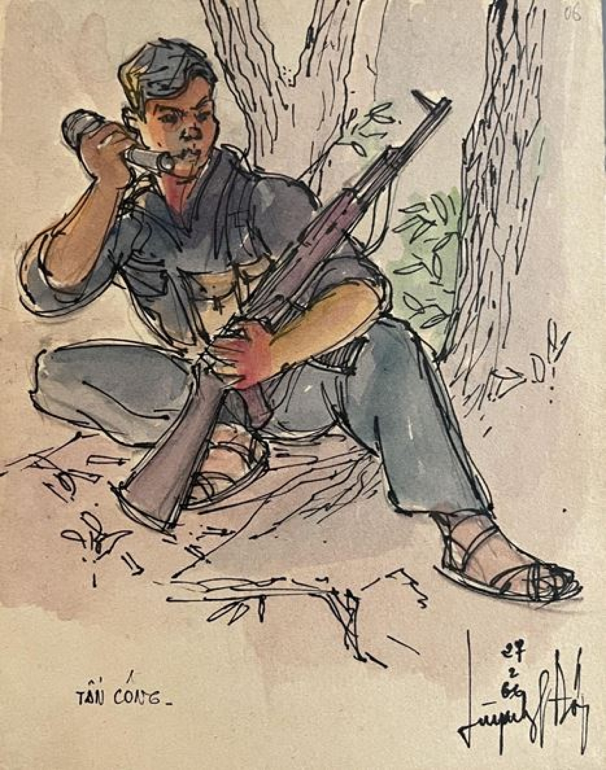 Tác phẩm "Tấn công" vẽ bằng Màu nước, bút mực năm 1966. Ảnh: BTMT