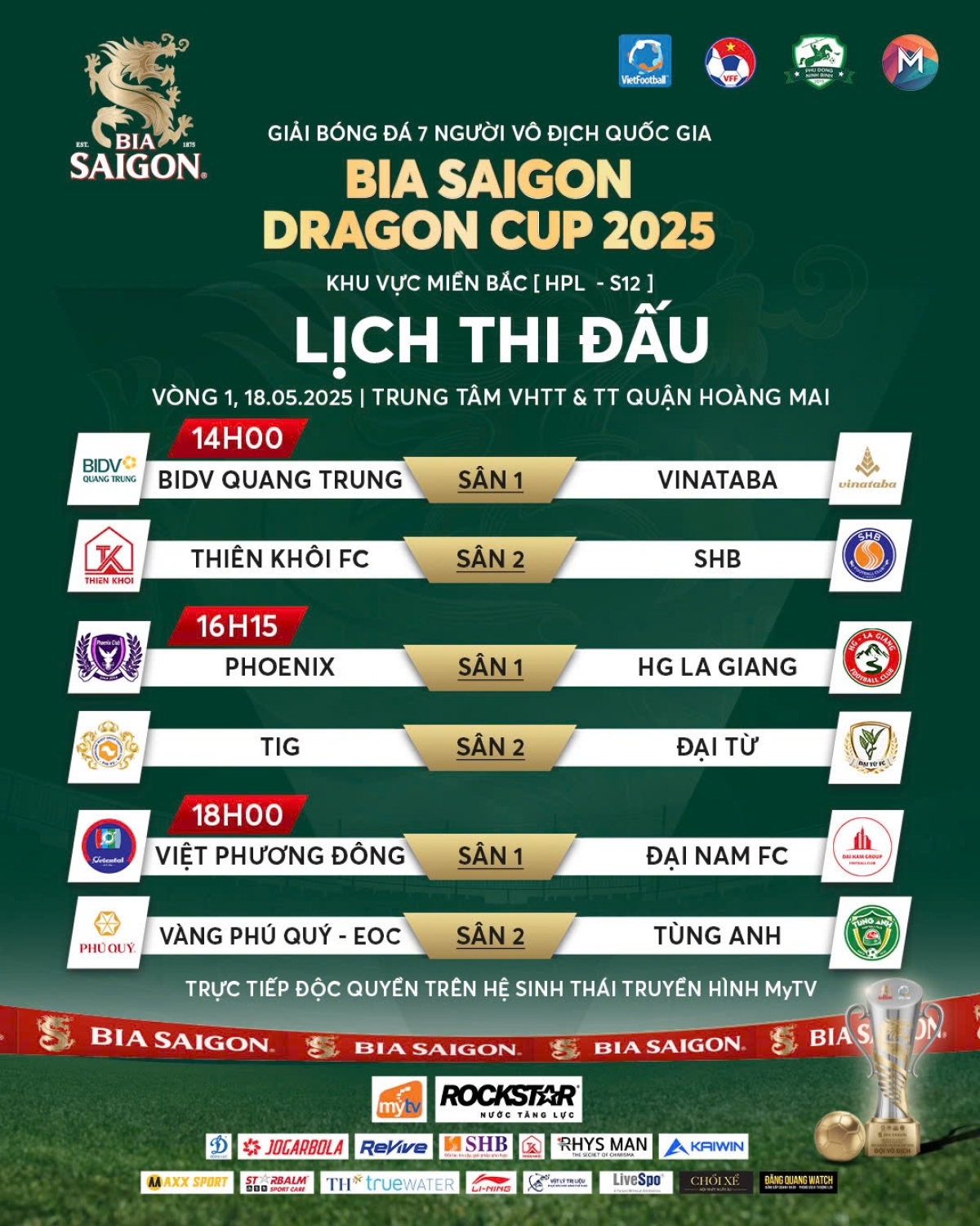 Lịch thi đấu Giải bóng đá 7 người Vô địch Quốc gia Bia Saigon Dragon Cup 2025 khu vực phía Bắc