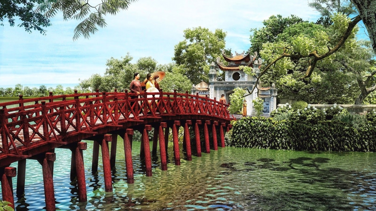 Cầu Thê Húc nối vào đền Ngọc Sơn, một trong những biểu tượng của Hồ Hoàn Kiếm, Hà Nội. Ảnh:qdnd.vn