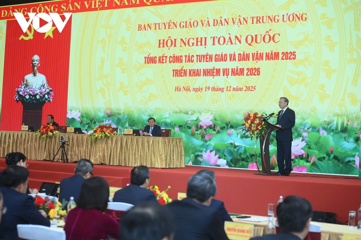 Hội nghị toàn quốc trực tuyến đến các điểm cầu của các tỉnh ủy, thành ủy và điểm cầu các xã, phường, đặc khu trên cả nước tổng kết công tác Tuyên giáo và Dân vận năm 2025, triển khai nhiệm vụ năm 2026. Ảnh: vov.vn