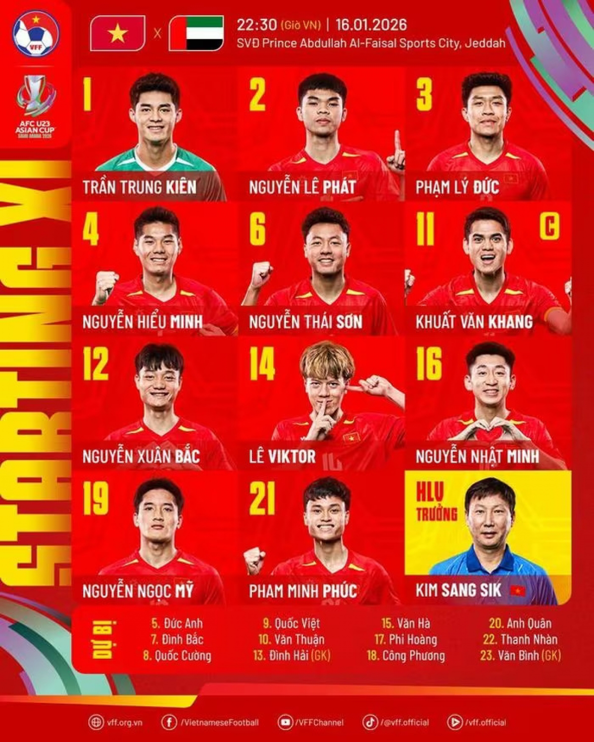 Đội hình xuất phát của U23 Việt Nam trong trận tứ kết gặp U23 UAE. Ảnh: VFF.