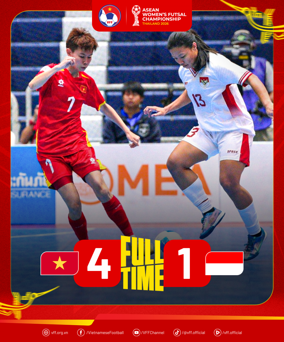 Với chiến thắng 4-1, tuyển Futsal nữ Việt Nam giành HCĐ Giải vô địch futsal nữ Đông Nam Á 2026 (ảnh VFF)