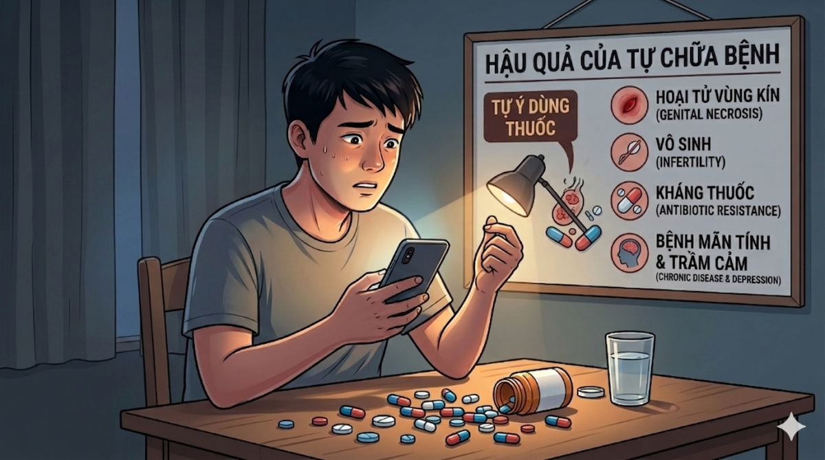Tự chữa bệnh xã hội có thể dẫn đến nhiều hậu quả nghiêm trọng. Ảnh minh họa do AI tạo